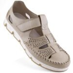 Rieker W RKR651 beige leather velcro openwork shoes