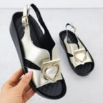 Womens gold leather wedge sandals S.Barski KV51-031