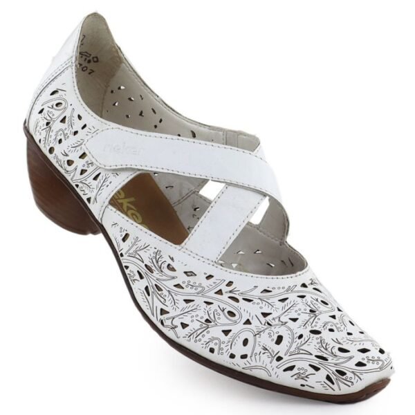 Womens leather openwork high-heeled shoes, white, Rieker 43773-80
