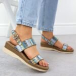 Womens wedge sandals, blue braided, Potocki 45302 - Image 6