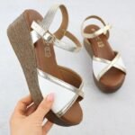 Womens wedge sandals in white and gold S.Barski PL51-324