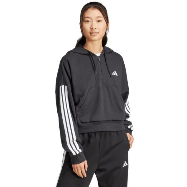 Womens adidas Essentials 3-Stripes French Terry Quarter-Zip Hoodie Black JN1956