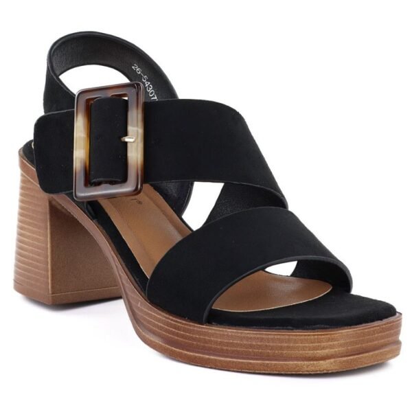 Womens suede sandals with a block heel, black, Potocki 54307