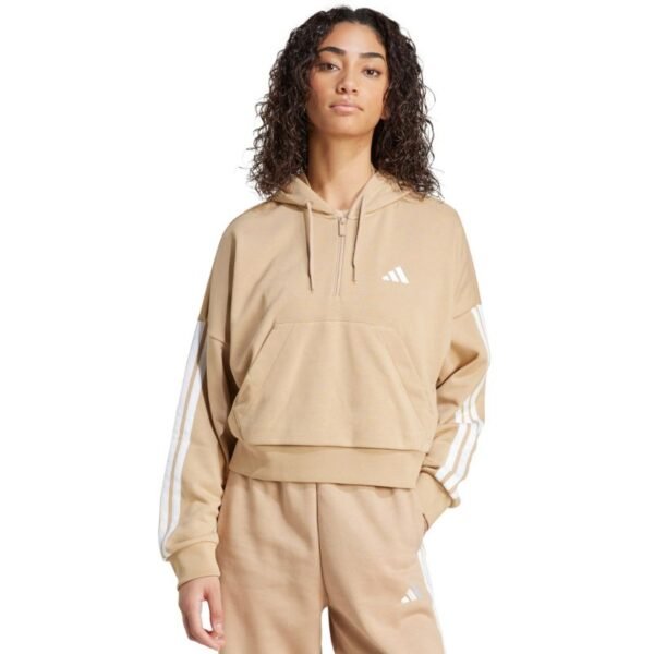 Womens Essentials 3-Stripes French Terry Hoodie Quarter Zip Beige JX7676