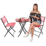 BALCONY FURNITURE SET ROUND TABLE AND 2 FOLDING CHAIRS RED - Image 2