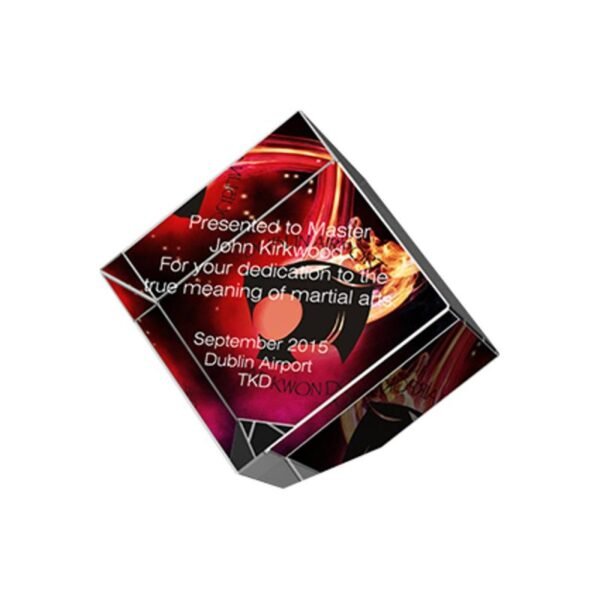 Engraved glass trophy with LuxorJet color print + paint filling