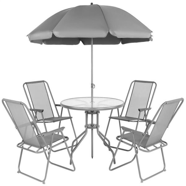 GARDEN FURNITURE SET ROUND TABLE 4 CHAIRS AND UMBRELLA DARK GREY