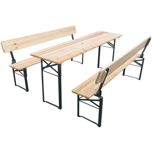 PICNIC SET: WOODEN BAR TABLE AND 2 BENCHES WITH FOLDABLE BACKREST