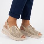 Womens leather sandals on a platform, gold wedge M.Daszyński 25144-4 - Image 5