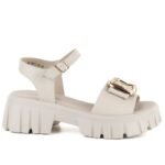 Womens leather sandals on a platform with decoration, beige Vinceza 26-79611 - Image 2