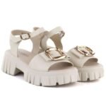 Womens leather sandals on a platform with decoration, beige Vinceza 26-79611 - Image 3