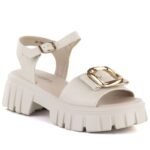 Womens leather sandals on a platform with decoration, beige Vinceza 26-79611