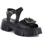 Womens leather sandals on a platform with decoration, black Vinceza 26-79611