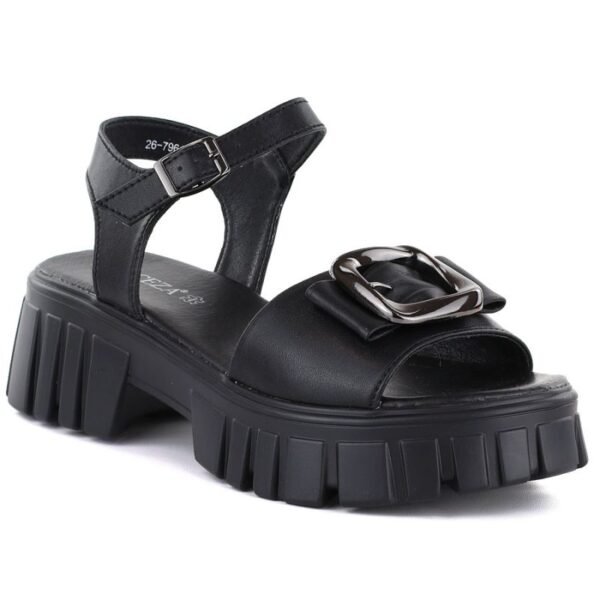 Womens leather sandals on a platform with decoration, black Vinceza 26-79611