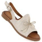 Womens leather sandals with a bow, gold, Cambell 26-19387