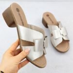 Womens leather slides on a block, gold Remonte R8759-90 - Image 2