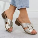 Womens leather slides on a block, gold Remonte R8759-90 - Image 5