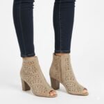 Womens openwork suede high-heeled ankle boots in beige Jezzi ASA283-8 - Image 5