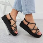 Womens Roman wedge sandals with zircons, black Filippo DS6898 - Image 2