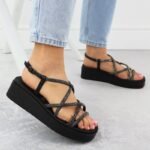 Womens Roman wedge sandals with zircons, black Filippo DS6898 - Image 3