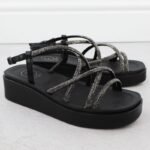 Womens Roman wedge sandals with zircons, black Filippo DS6898 - Image 5