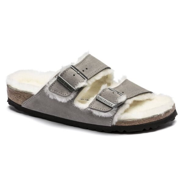 Birkenstock Arizona Shearling Stone Coin womens/mens insulated slippers, suede with lambswool, narrow (1017403)