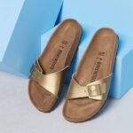 Birkenstock Madrid Birko-Flor Gold womens regular wide gold flip-flops (1016106) - Image 3