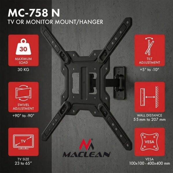 MACLEAN MOUNT / HANGER FOR TV OR MONITOR, MAX. 23-65", MAX. LOAD 30KG, UNIVERSAL, MAX. VESA 400X400 MC-758 N