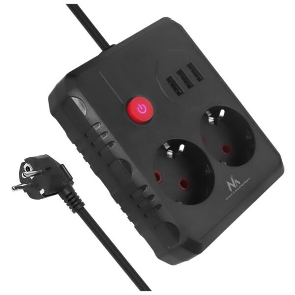 MACLEAN POWER STRIP, EXTENSION CORD 2 OUTLETS + 3XUSB, 110-240V AC 50/60HZ, 2.1A MAX 2500W, 1.5M, BLACK MCE387 B