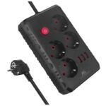 MACLEAN POWER STRIP, EXTENSION CORD 4 OUTLETS + 3XUSB, 110-240V AC 50/60HZ, 2.1A MAX 2500W, 3M, BLACK, MCE393 B