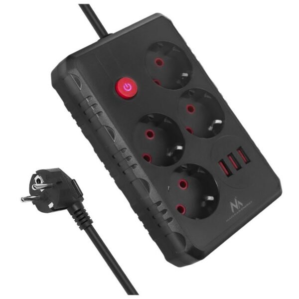 MACLEAN POWER STRIP, EXTENSION CORD 4 OUTLETS + 3XUSB, 110-240V AC 50/60HZ, 2.1A MAX 2500W, 3M, BLACK, MCE393 B