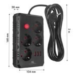 MACLEAN POWER STRIP, EXTENSION CORD 4 OUTLETS + 3XUSB, 110-240V AC 50/60HZ, 2.1A MAX 2500W, 3M, BLACK, MCE393 B - Image 7