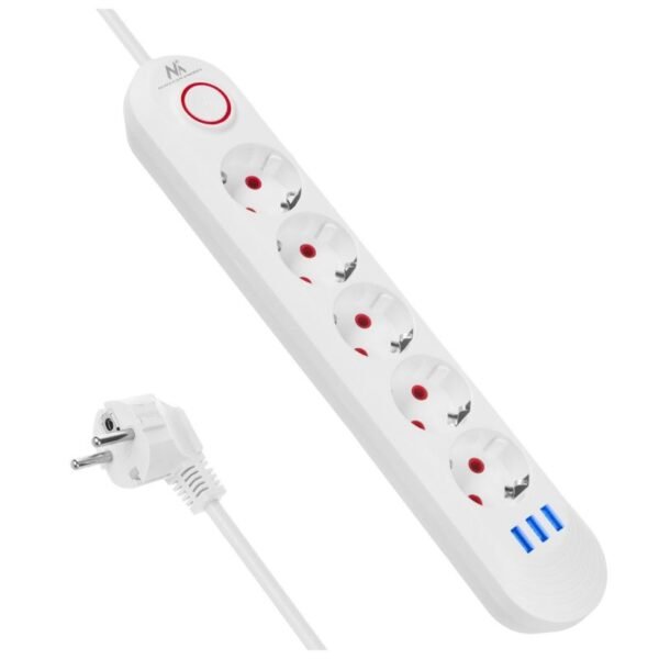 MACLEAN POWER STRIP EXTENSION CORD 5 OUTLETS + 3XUSB, 110-240V AC 50/60HZ, 2.1A MAX 2500W, 1.5M, WHITE MCE395W
