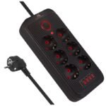MACLEAN POWER STRIP, EXTENSION CORD 6 OUTLETS + 4XUSB, 110-240V AC 50/60HZ, 2.1A MAX 2500W, 1.5M, BLACK MCE389 B