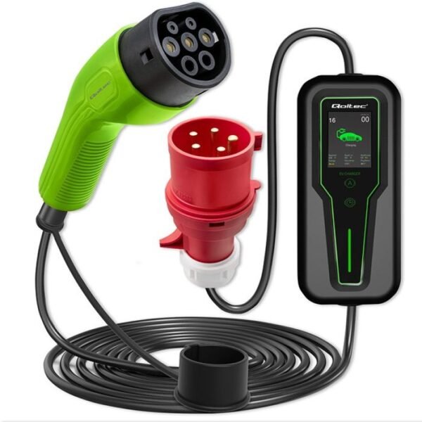 Qoltec 52467 Mobile charger for electric car EV with regulation 2 in 1 Type 2 | 11kW | 3 Phases | CEE 5 PIN | LCD | Portable | Wallbox | 5m
