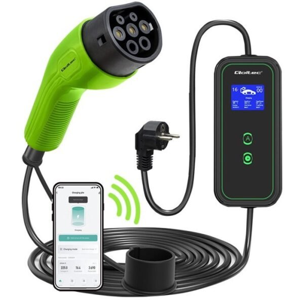 Qoltec 52476 Mobile charger for electric car EV with regulation 2 in 1 Type 2 | 3.5kW | 230V | Wi-fi | LCD | Portable | Wallbox | 5m