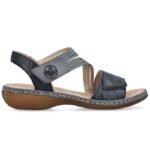Womens leather sandals with velcro, navy blue, Rieker 65964-12 - Image 2