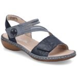 Womens leather sandals with velcro, navy blue, Rieker 65964-12