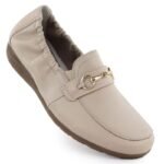 Womens leather shoes, comfortable beige moccasins, Rieker L9354-60