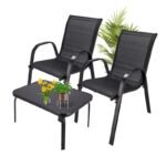 Classic Black Forest textile garden furniture set, two chairs + black table