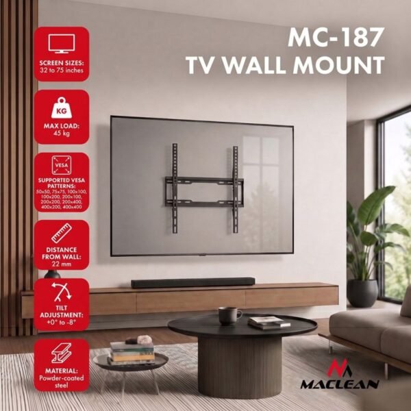 MACLEAN TV MOUNT / HANGER 32-75 MACLEAN TV MOUNT / HANGER, MAX VESA 400X400, 32-75", UP TO 45KG, BLACK, TILT ADJUSTMENT