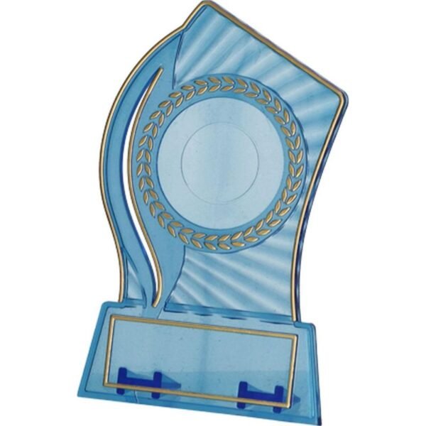 Plastic trophy - transparent - gold with space for a 25/40mm sticker and a 56mmX18mm TM plaque