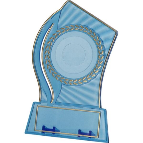 Plastic trophy - transparent - gold with space for a 50mm sticker and a 65mmX23mm TM plaque
